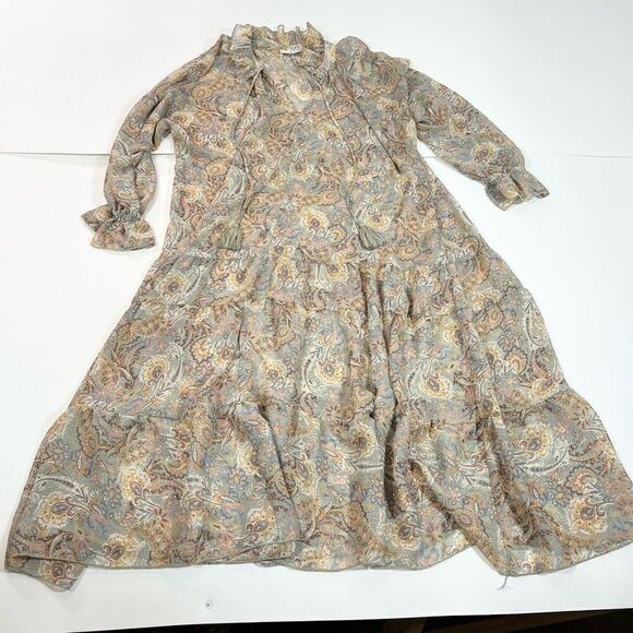 Aura Dress Womens Medium Midi Floral Long-Sleeve High-Neck A-Line Tiered - Picture 1 of 10